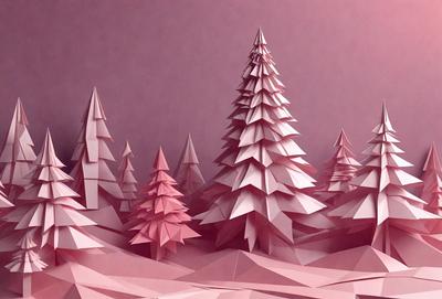 The primary subject of the image is a group of three pink paper trees, which are the main objects in the scene. The setting is a snowy landscape, with the trees standing out against the white snow. The visual style is a combination of digital art and illustration, as the trees are created using paper and then digitally manipulated to create a 3D effect. The colors and mood of the image are predominantly pink, giving it a warm and inviting atmosphere.